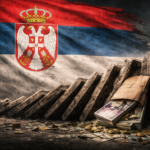 Serbian flag behind falling dominoes symbolizing systemic corruption and institutional collapse
