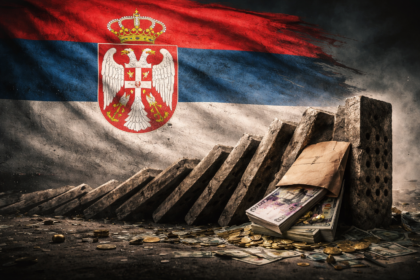 Serbian flag behind falling dominoes symbolizing systemic corruption and institutional collapse
