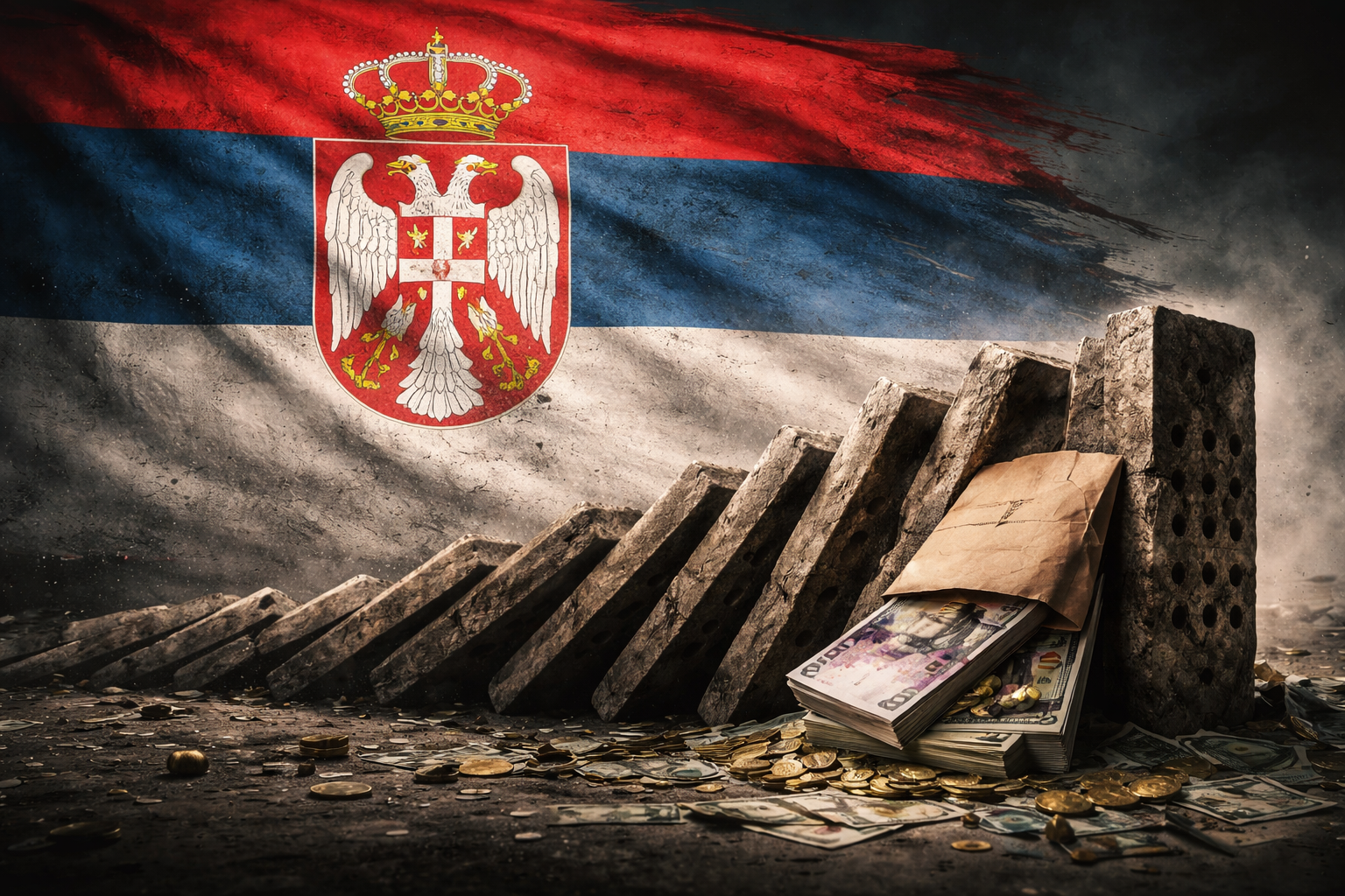 Serbian flag behind falling dominoes symbolizing systemic corruption and institutional collapse