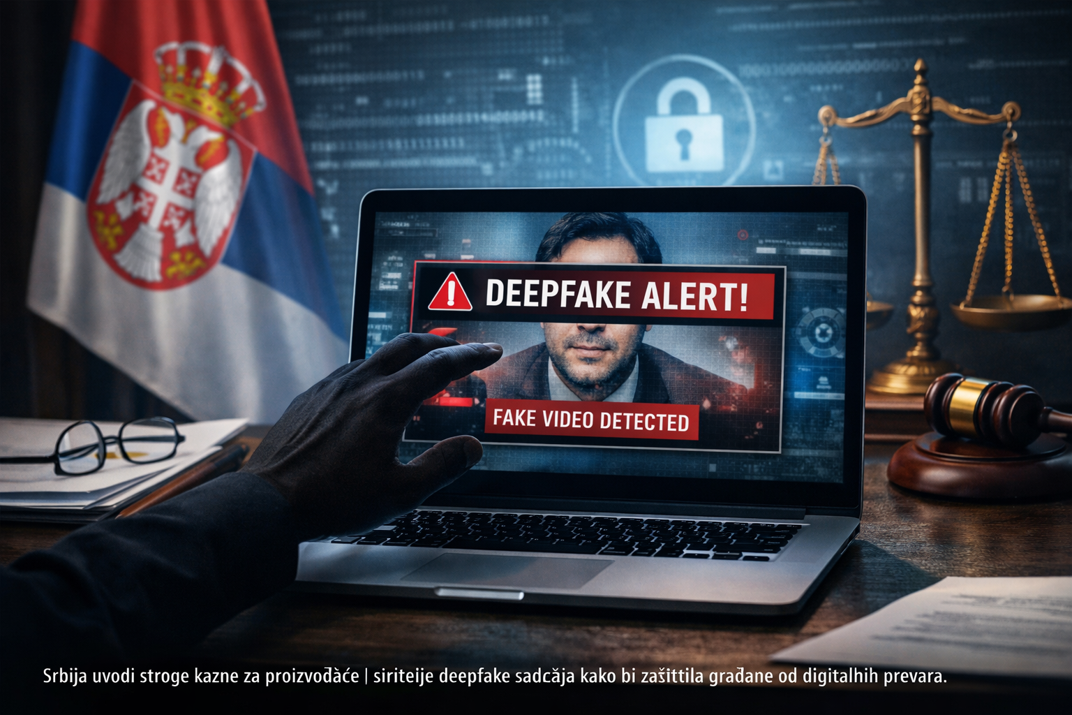 Digitalna ilustracija koja prikazuje problem deepfake prevara i pravnu zaštitu u Srbiji 2025.