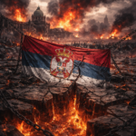 Digital painting depicting a dystopian, broken Serbia with shattered buildings, dark skies, and an atmosphere of despair and chaos symbolizing societal and political collapse.