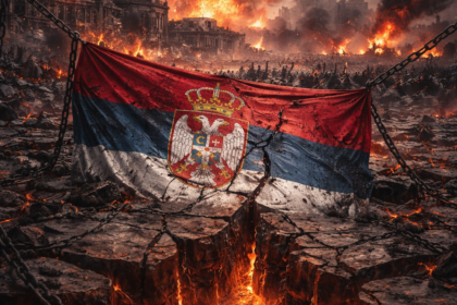 Digital painting depicting a dystopian, broken Serbia with shattered buildings, dark skies, and an atmosphere of despair and chaos symbolizing societal and political collapse.