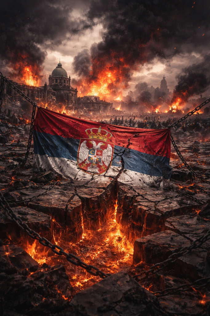 Digital painting depicting a dystopian, broken Serbia with shattered buildings, dark skies, and an atmosphere of despair and chaos symbolizing societal and political collapse.