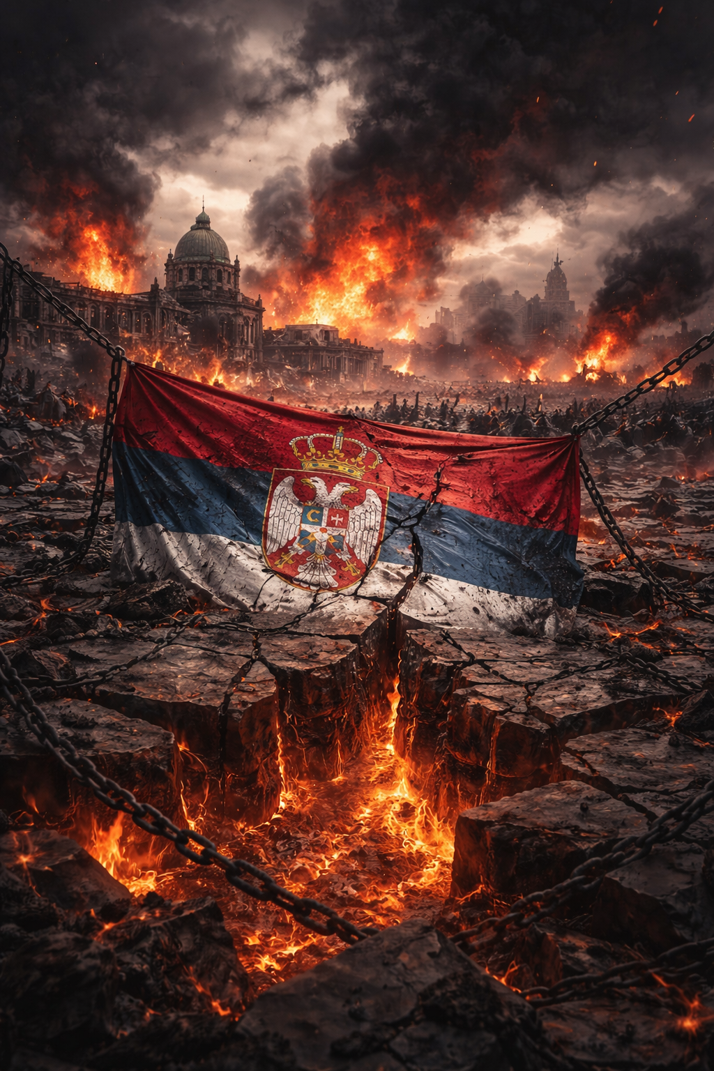 Digital painting depicting a dystopian, broken Serbia with shattered buildings, dark skies, and an atmosphere of despair and chaos symbolizing societal and political collapse.