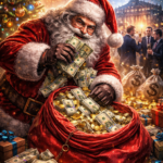 Ilustracija korupcije: Deda Mraz krade novac, dok u pozadini slave sumnjivi ljudi i gradska uprava