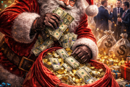 Ilustracija korupcije: Deda Mraz krade novac, dok u pozadini slave sumnjivi ljudi i gradska uprava