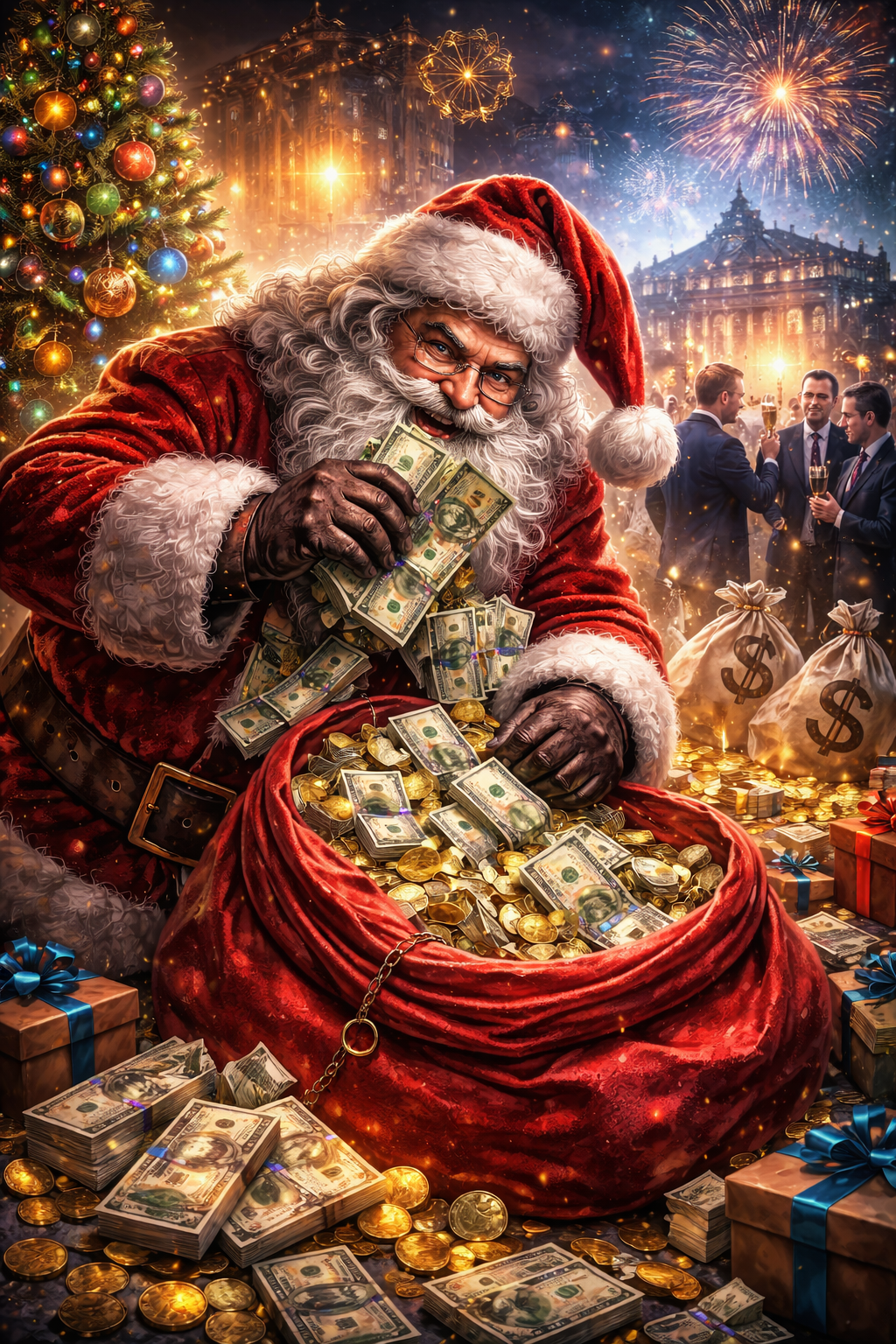 Ilustracija korupcije: Deda Mraz krade novac, dok u pozadini slave sumnjivi ljudi i gradska uprava