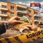 Ilustracija moderne zgrade na Voždovcu sa simbolima korupcije — ruke u lisicama koje razmenjuju kovertu sa novcem, traka sa natpisom "KORUPCIJA" i srpska zastava u pozadini.