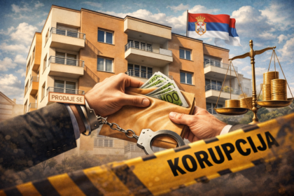 Ilustracija moderne zgrade na Voždovcu sa simbolima korupcije — ruke u lisicama koje razmenjuju kovertu sa novcem, traka sa natpisom "KORUPCIJA" i srpska zastava u pozadini.