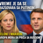 Italijanska premijerka Giorgia Meloni i francuski predsednik Emanuel Makron ispred zastava EU i Rusije sa natpisom "Vreme je da se razgovara sa Putinom" i "Evropa mora da priča sa Rusijom"